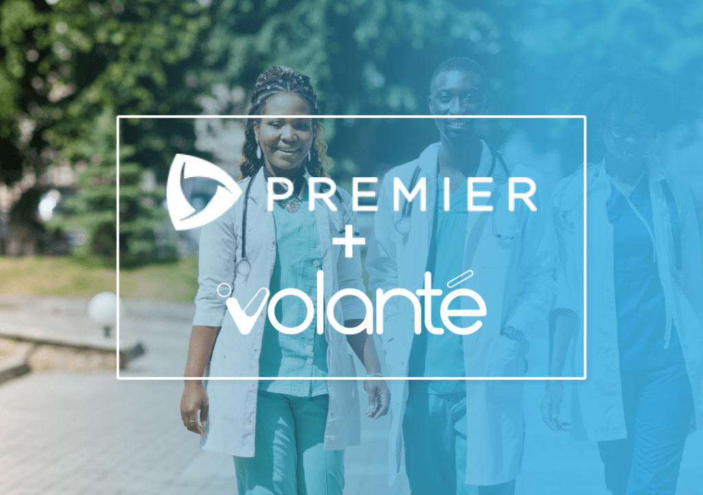 Hospital and Health System Employees Walking, Premier Inc. and Volanté Systems Logos in the forefront.